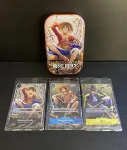One Piece Mini Tin Promos vol 2 - Set Of 3 OP-13 ENGLISH Luffy, Sabo, Ace + Tin - Image 1