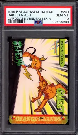 1999 Pokemon Japanese Bandai Carddass Vending Series 6 Raichu & Ash #230 PSA 10 - Image 1