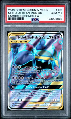 2019 POKEMON SUN & MOON UNBROKEN BONDS #196 FULL ART/MUK & ALOLAN MUK GX PSA 10 - Image 1
