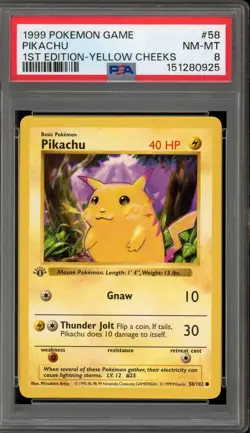 Pokemon Pikachu Base Set Shadowless 1st Edition Yellow Cheeks #58 PSA 8 - Image 1
