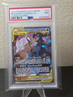 2019 Pokemon Sun & Moon Cosmic Eclipse Reshiram & Zekrom GX 157/236 PSA 9 Mint - Image 1