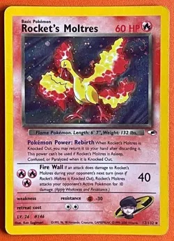 Pokemon Rocket's Moltres Gym Heroes Holo Foil 12/132 Rare TCG 2000 Swirl Error - Image 1