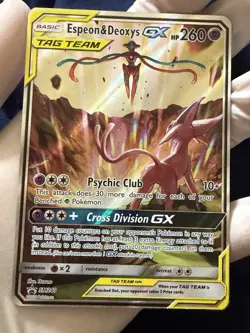 Pokemon Espeon & Deoxys GX TAG TEAM Promo Holo SM240 HP260 Psychic Club - Image 1