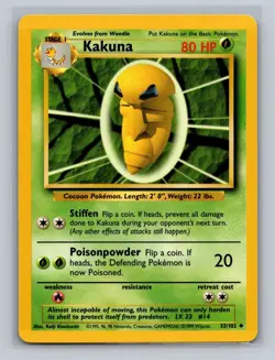 Kakuna Base Set 33/102 Uncommon Pokemon Card Unlimited 1999 LP - Image 1