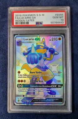 2019 POKEMON SUN & MOON HIDDEN FATES #SV64 FULL ART/LUCARIO GX PSA 10 - Image 1