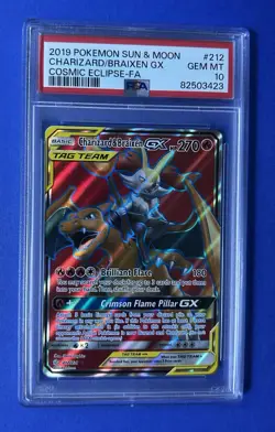 2019 Pokemon Sun & Moon Charizard/Braixen GX Cosmic Eclipse FA #212 PSA 10 GEMMT - Image 1