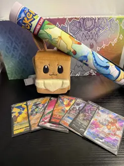 Pokemon Prismatic Evolutions Eevee card holder, sleeves, and playmat + cards. - Image 1