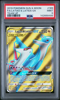 2019 POKEMON SUN & MOON TEAM UP #169 FULL ART/LATIAS & LATIOS GX PSA 9 - Image 1