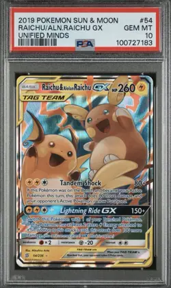 2019 POKEMON SUN & MOON UNIFIED MINDS #54 RAICHU & ALOLAN RAICHU GX PSA 10 - Image 1