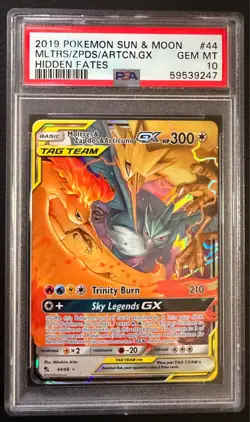 2019 POKEMON SUN & MOON HIDDEN FATES #44 MOLTRES & ZAPDOS & ARTICUNO GX PSA 10 - Image 1