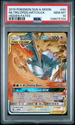 2019 POKEMON SUN & MOON HIDDEN FATES #44 MOLTRES & ZAPDOS & ARTICUNO GX PSA 10 - Image 1