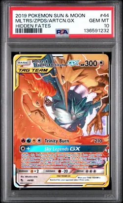 2019 POKEMON SUN & MOON HIDDEN FATES #44 MOLTRES & ZAPDOS & ARTICUNO GX PSA 10 - Image 1