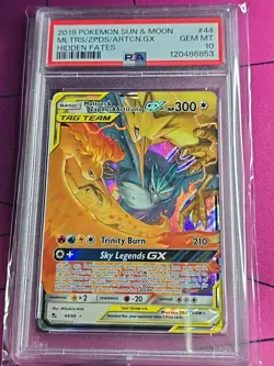 2019 POKEMON SUN & MOON HIDDEN FATES # 44 MOLTRES & ZAPDOS & ARTICUNO GX PSA 10 - Image 1