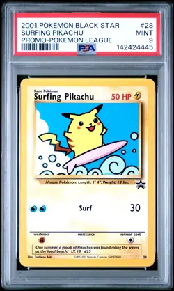 PSA 9 2002 POKEMON LEAGUE PROMO BLACK STAR CARD 28 SURFING PIKACHU - MINT - Image 1