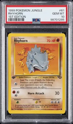 1999 POKEMON JUNGLE 1ST ED #61 RHYHORN PSA 10 - Image 1
