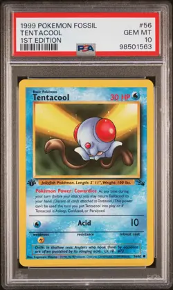 1999 POKEMON FOSSIL 1ST ED #56 TENTACOOL PSA 10 - Image 1