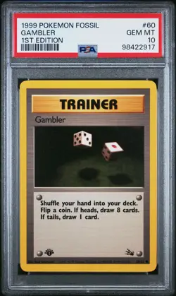 1999 POKEMON FOSSIL 1ST ED #60 GAMBLER PSA 10 - Image 1