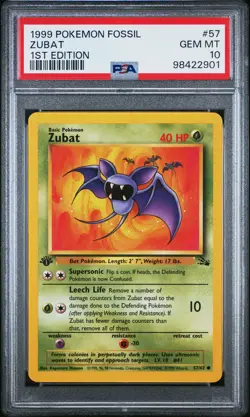 1999 POKEMON FOSSIL 1ST ED #57 ZUBAT PSA 10 - Image 1