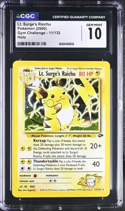 CGC 10 GEM MINT Lt. Surge's Raichu Gym Challenge 11/132 Holo Pokemon Card - Image 1