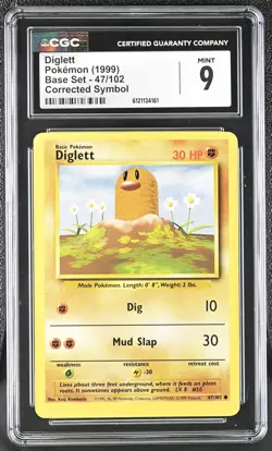 CGC 9 MINT Diglett 1999 Base Set 47/102 Corrected Symbol Pokemon Card - Image 1