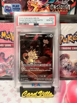 Pokemon Team Rocket's Meowth Illustration Rare Holo Sv10 203/182 PSA 10 - Image 1