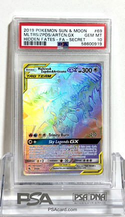 2019 POKEMON HIDDEN FATES SECRET FULL ART MOLTRES ZAPDOS & ARTICUNO GX 69 PSA 10 - Image 1