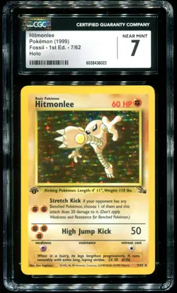 CGC 7 Hitmonlee 1st Edition Holo Rare Fossil 1999 Pokemon Card #7 - Image 1