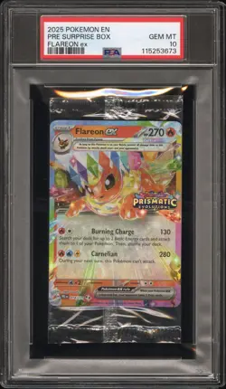 2025 POKEMON PROMO PACK PRISMATIC EVOLUTION SURPRISE BOX-FLAREON EX CELLO PSA 10 - Image 1