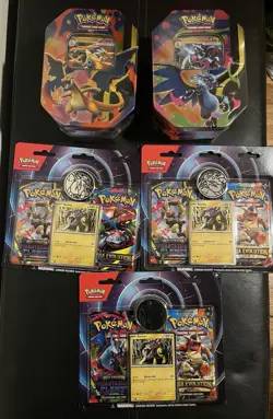 Pokemon TCG Mega Charizard X and Y EX Tin + 3 Phantasmal Flames 2 pack Blisters - Image 1