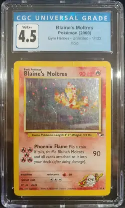 Blaine's Moltres 1/132 Gym Heroes Unlimited Holo Rare CGC 4.5 VG/Ex+ Pokemon TCG - Image 1