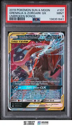 2019 Pokemon Sun & Moon Unbroken Bonds Tag Team Greninja & Zoroark GX PSA 9 - Image 1