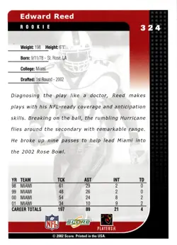 2002 Score Ed Reed Ravens Rookie RC Miami Hurricanes - Image 2