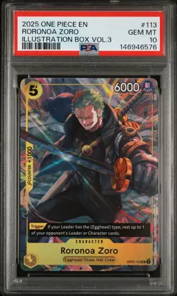 2025 ONE PIECE PROMOS ILLUSTRATION BOX VOL.3 #113 RORONOA ZORO PSA 10 - Image 1