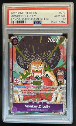 2025 One Piece Bandai Card Games Fest Monkey D Luffy Rare #OP07-073 PSA 10 - Image 1