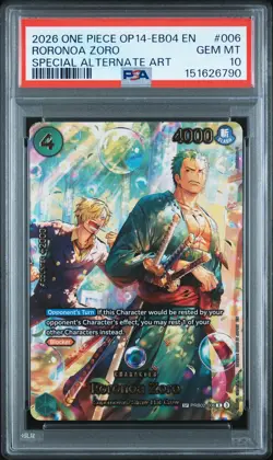 2026 ONE PIECE THE AZURE SEA'S SEVEN SPECIAL ALT ART #006 RORONOA ZORO PSA 10 - Image 1