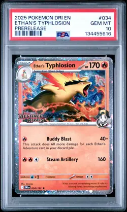 2025 POKEMON DRI EN-DESTINED RIVALS PRERELEASE #034 ETHAN'S TYPHLOSION PSA 10 - Image 1
