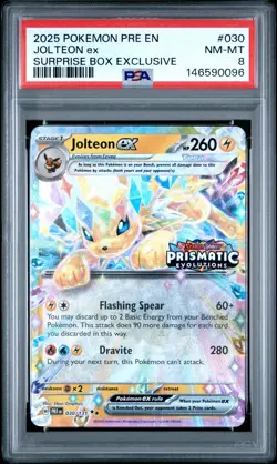 2025 POKEMON PRISMATIC EVOLUTIONS SURPRISE BOX EXCLUSIVE #030 JOLTEON EX PSA 8 - Image 1
