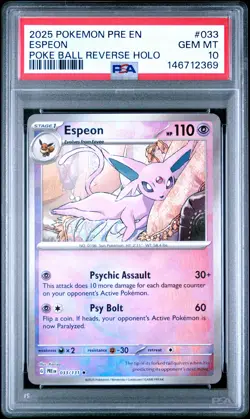 2025 POKEMON PRISMATIC EVOLUTIONS POKE BALL REVERSE HOLO #033 ESPEON PSA 10 - Image 1