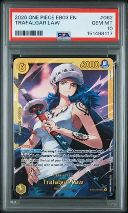 2026 ONE PIECE EB03-EXTRA BOOSTER HEROINES EDITION #062 TRAFALGAR LAW PSA 10 - Image 1
