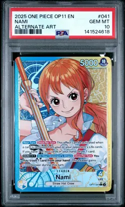 2025 ONE PIECE OP11-A FIST OF DIVINE SPEED ALTERNATE ART #041 NAMI PSA 10 - Image 1
