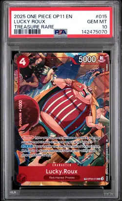 2025 ONE PIECE OP11-A FIST OF DIVINE SPEED TREASURE RARE #015 LUCKY ROUX PSA 10 - Image 1