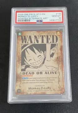 2025 One Piece OP13 EN #118 Monkey D. Luffy Wanted Alternate Art PSA 10 GEM MINT - Image 1