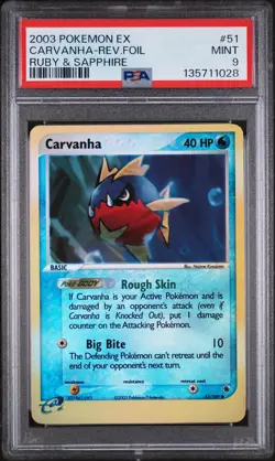 2003 POKEMON EX RUBY & SAPPHIRE #51 CARVANHA-REVERSE FOIL PSA 9 - Image 1