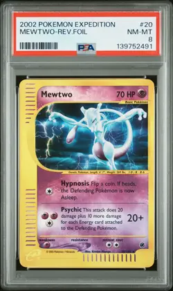 2002 POKEMON EXPEDITION #20 MEWTWO-REVERSE FOIL PSA 8 - Image 1