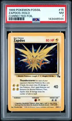1999 POKEMON FOSSIL CORRECTED FOIL #15 ZAPDOS-HOLO PSA 7 - Image 1