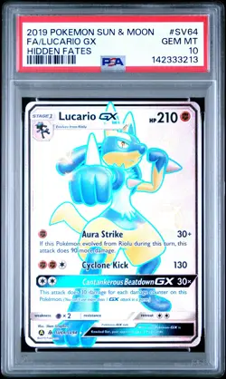 2019 POKEMON SUN & MOON HIDDEN FATES #SV64 FULL ART/LUCARIO GX PSA 10 - Image 1