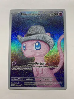 Cute Mew With Grey Felt Hat Pokemon Card Holo Foil Art Anime Van Gogh Portrait - Image 1
