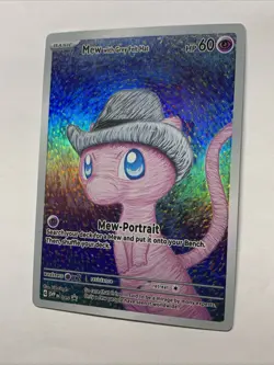 Cute Mew With Grey Felt Hat Pokemon Card Holo Foil Art Anime Van Gogh Portrait - Image 5