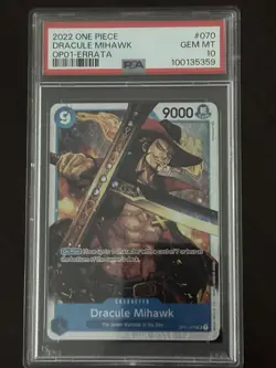 2022 One Piece Romance Dawn Dracule Mihawk Errata #OP01070 PSA 10 - Image 1