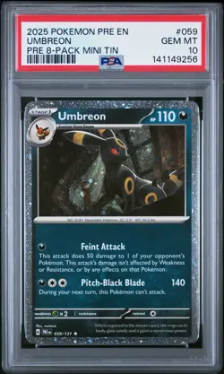 2025 POKEMON PRE EN-PRISMATIC EVOLUTIONS MINI TIN ( COSMOS HOLO ) UMBREON PSA 10 - Image 1